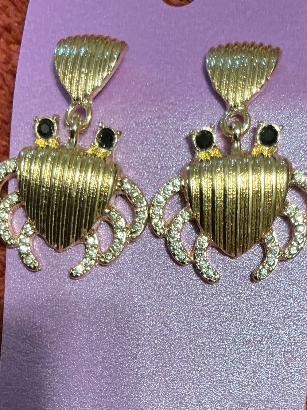 Pierced Earrings Gold Tone Crab Drop Earrings w/ Black Stone & Crystal Accents